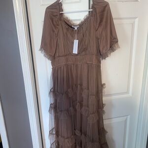 Brown Tulle Midi Dress
